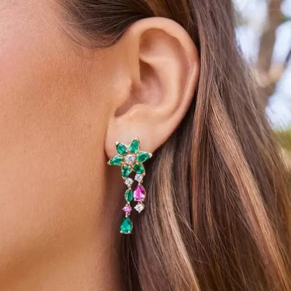 12ctw Pear Cut Ruby Emerald Bloom Drop Earrings