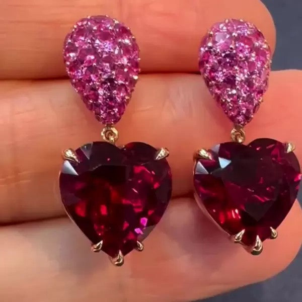 14ctw Heart & Pear Cut Ruby & Pink Sapphire Drop Earrings