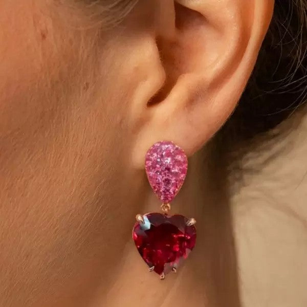 14ctw Heart & Pear Cut Ruby & Pink Sapphire Drop Earrings