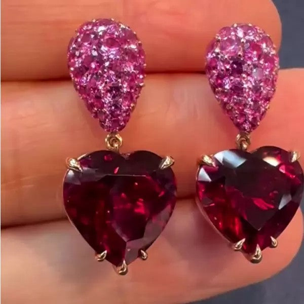 14ctw Heart & Pear Cut Ruby & Pink Sapphire Drop Earrings