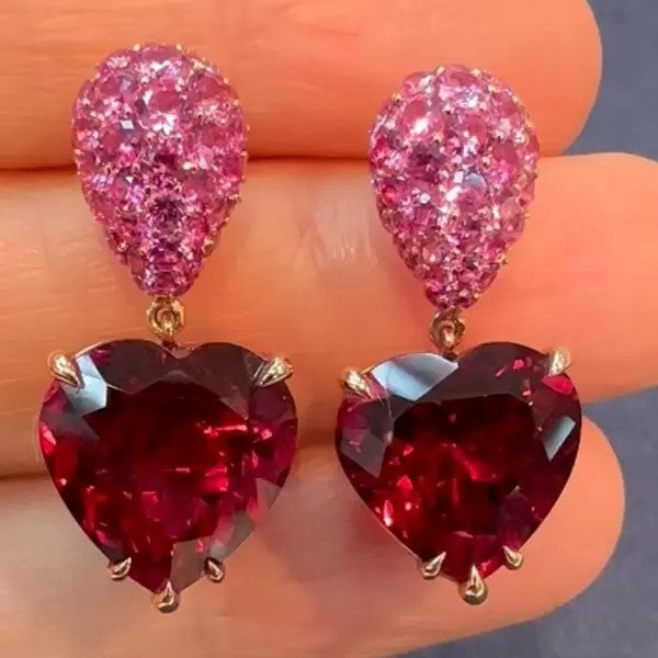 14ctw Heart & Pear Cut Ruby & Pink Sapphire Drop Earrings