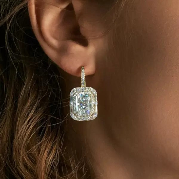 6ctw Radiant Cut White Sapphire Halo Drop Earrings