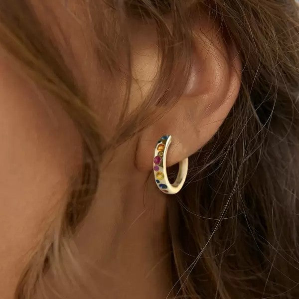 2.2ctw Round Cut Multi Sapphire Flush Set Dainty Hoop Earrings