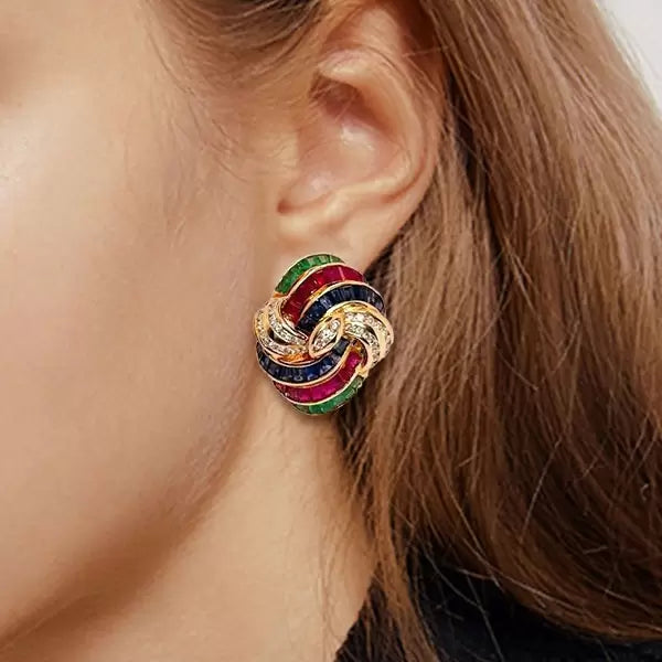 5.3ctw Princess Cut Multi-Gemstone Omega Clip Gold Dome Earrings