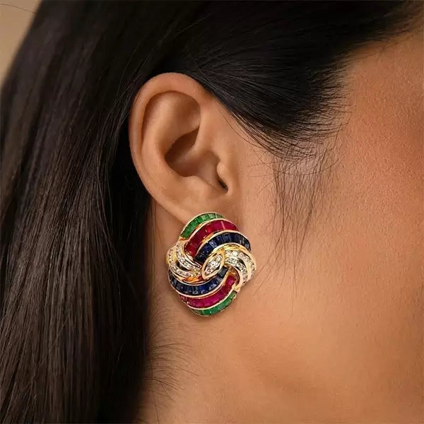 5.3ctw Princess Cut Multi-Gemstone Omega Clip Gold Dome Earrings