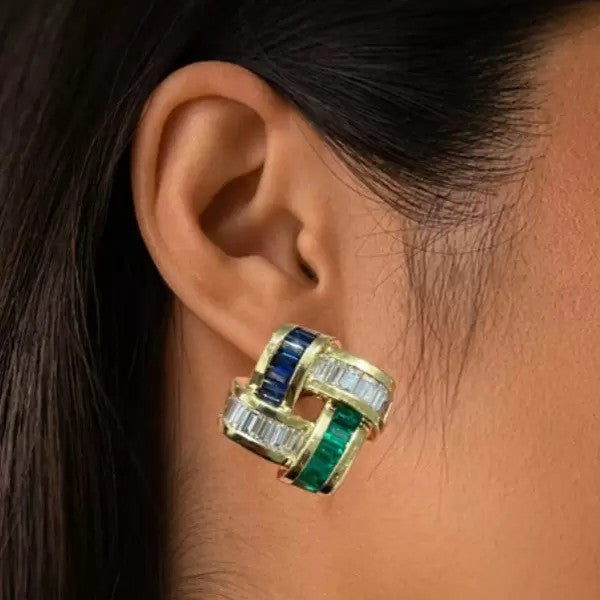 Art Deco 12ctw Baguette Cut Emerald Sapphire Stud Earrings