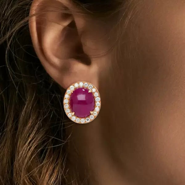 15.16ctw Cabochon Cut Ruby Halo Stud Earrings