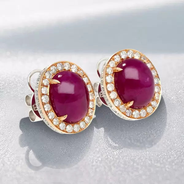 15.16ctw Cabochon Cut Ruby Halo Stud Earrings