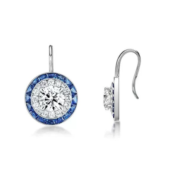 Luxury Halo Created White & Blue Sapphire Drop Earrings