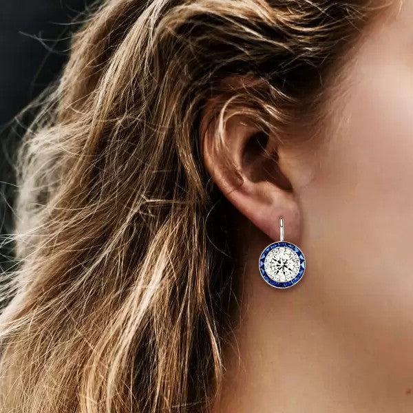 Luxury Halo Created White & Blue Sapphire Drop Earrings