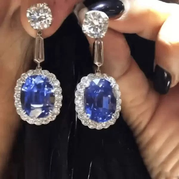 Oval Cut Sapphire Halo 925 Sterling Silver Earrings