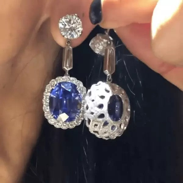Oval Cut Sapphire Halo 925 Sterling Silver Earrings