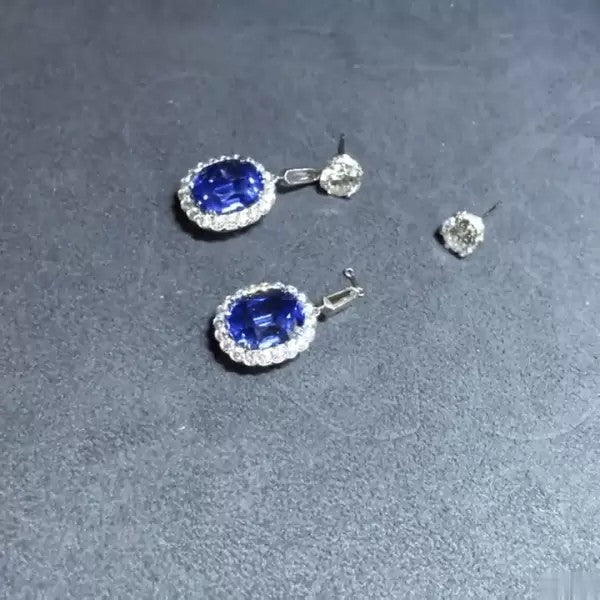 Oval Cut Sapphire Halo 925 Sterling Silver Earrings