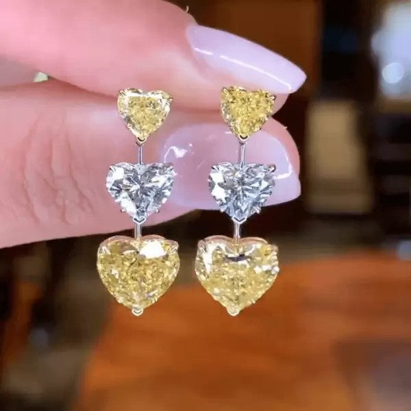 Heart Shape Fancy Yellow And White Sapphire Drop Earrings