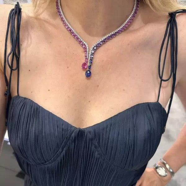 30ctw Oval & Round Cut Ruby & Sapphire Statement Necklace