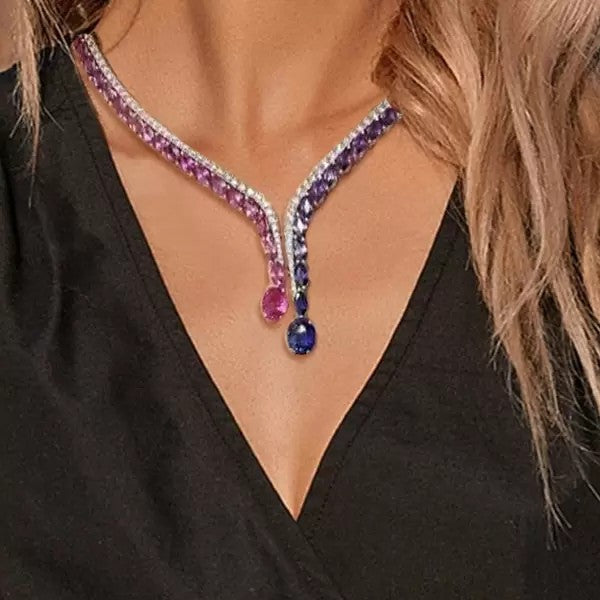 30ctw Oval & Round Cut Ruby & Sapphire Statement Necklace