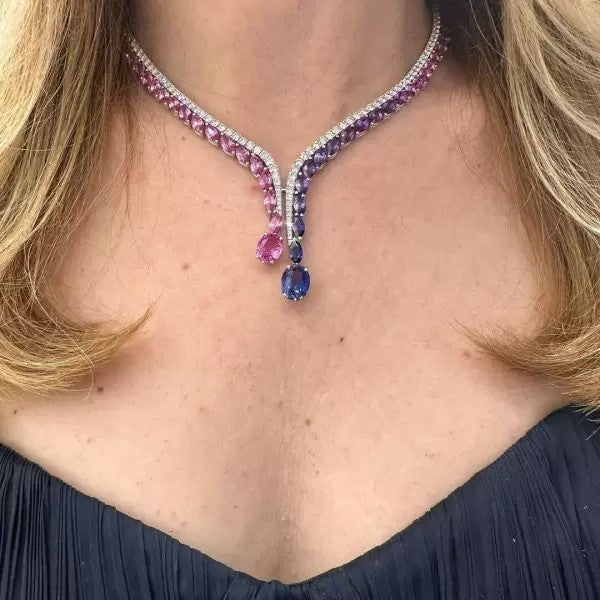 30ctw Oval & Round Cut Ruby & Sapphire Statement Necklace