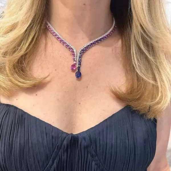 30ctw Oval & Round Cut Ruby & Sapphire Statement Necklace