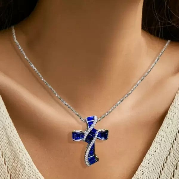 5.5ctw Baguette Cut Sapphire Cross Pendant Necklace