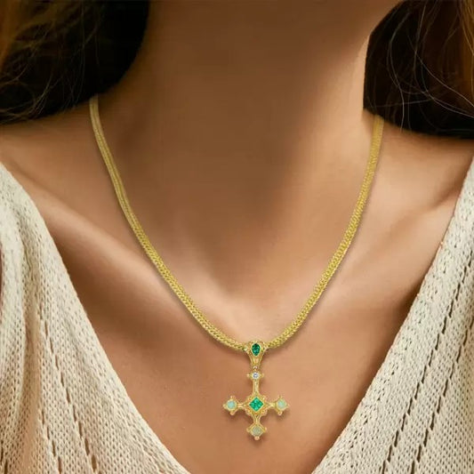 9.4Ctw Round Cut Emerald Vintage Thick Chain Cross Necklace