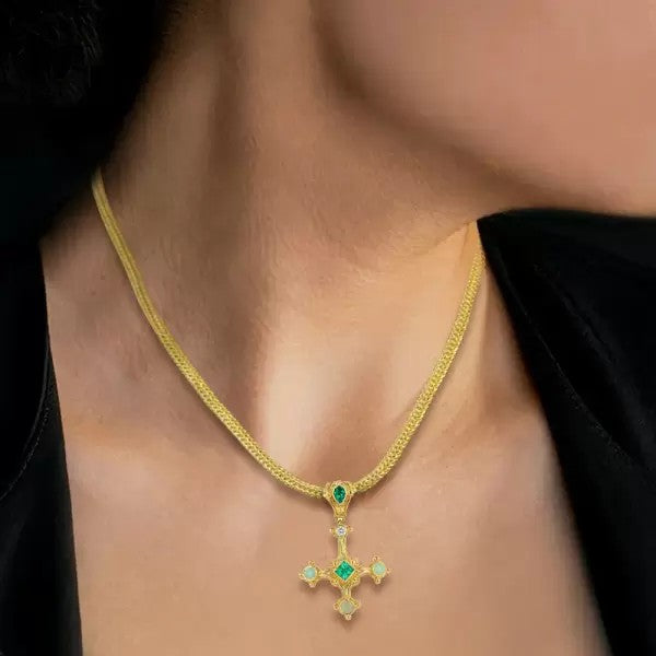 9.4Ctw Round Cut Emerald Vintage Thick Chain Cross Necklace