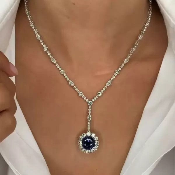 Asscher Cut Sapphire Halo Pendant Necklace SKU# CM131