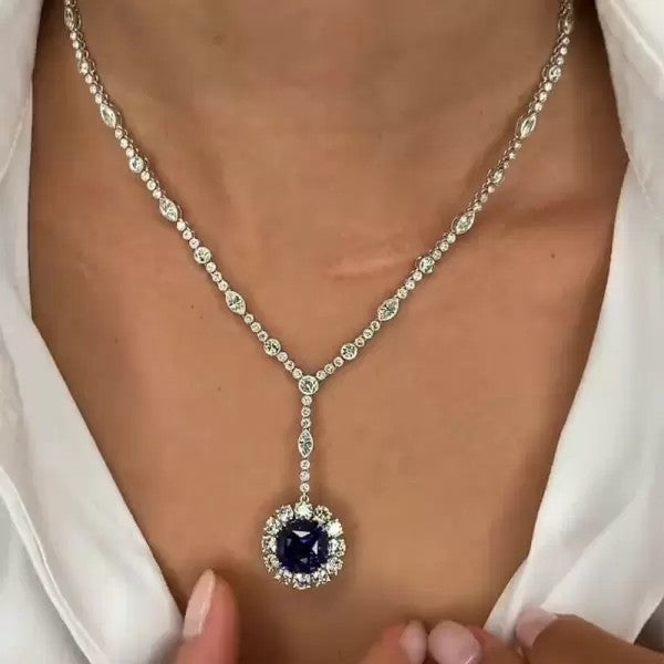 Asscher Cut Sapphire Halo Pendant Necklace SKU# CM131