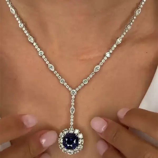 Asscher Cut Sapphire Halo Pendant Necklace SKU# CM131