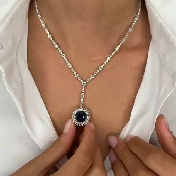 Asscher Cut Sapphire Halo Pendant Necklace SKU# CM131