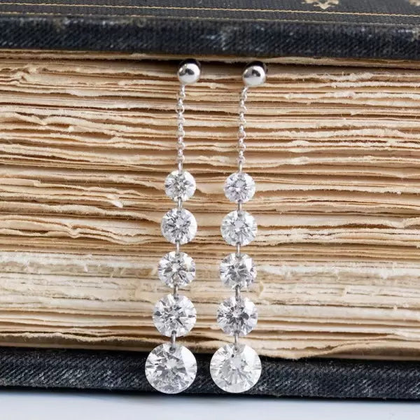 1.55ct 5-Stones Round Cut White Sapphire Drop Earrings