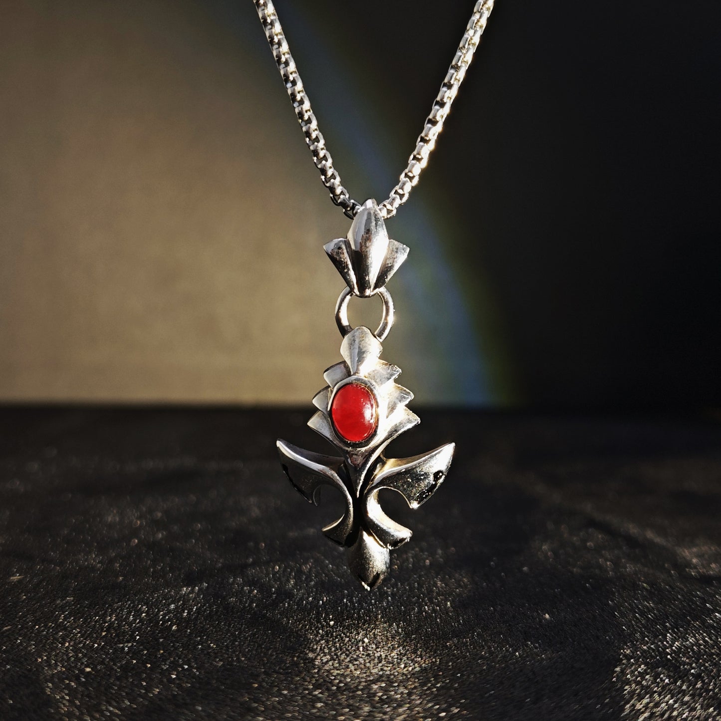 Vintage Cross Pendant Necklace with Red Gem | 316 Stainless Steel Punk Style, 65cm Chain（GS-20250912-7）