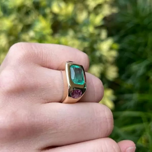 5.52ctw Emerald Cut Emerald Three Stone Gypsy Vintage Engagement Ring