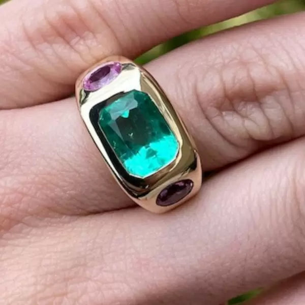 5.52ctw Emerald Cut Emerald Three Stone Gypsy Vintage Engagement Ring