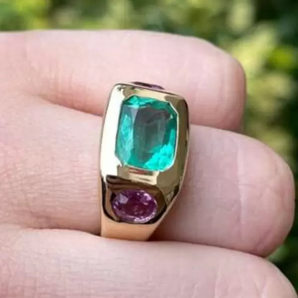 5.52ctw Emerald Cut Emerald Three Stone Gypsy Vintage Engagement Ring