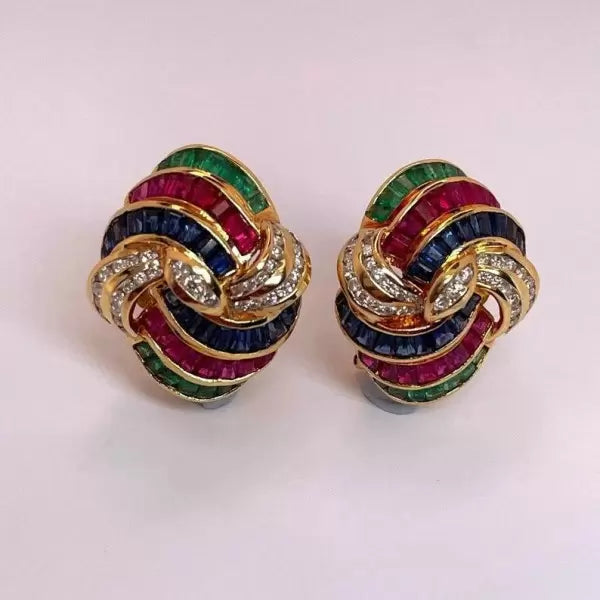 5.3ctw Princess Cut Multi-Gemstone Omega Clip Gold Dome Earrings