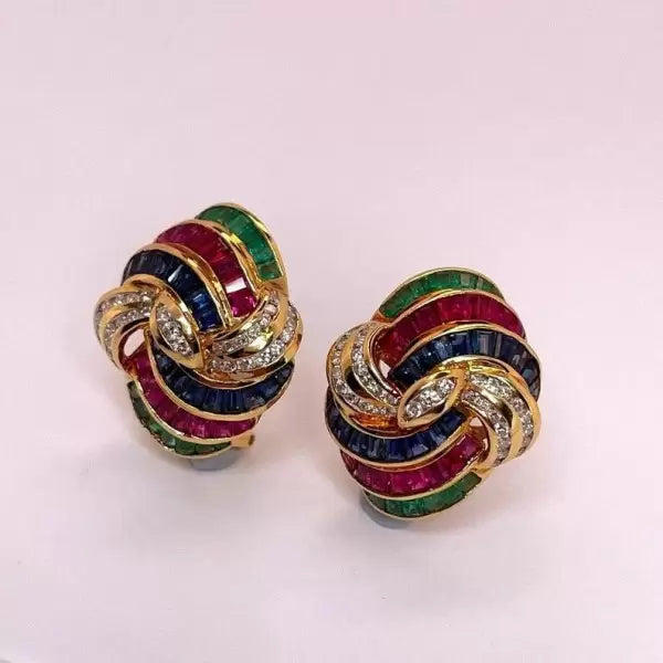 5.3ctw Princess Cut Multi-Gemstone Omega Clip Gold Dome Earrings