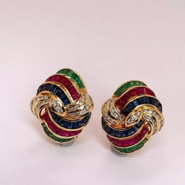 5.3ctw Princess Cut Multi-Gemstone Omega Clip Gold Dome Earrings