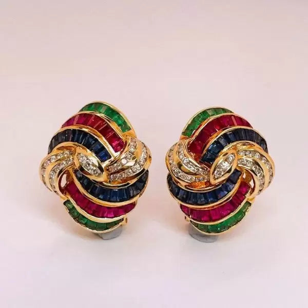 5.3ctw Princess Cut Multi-Gemstone Omega Clip Gold Dome Earrings