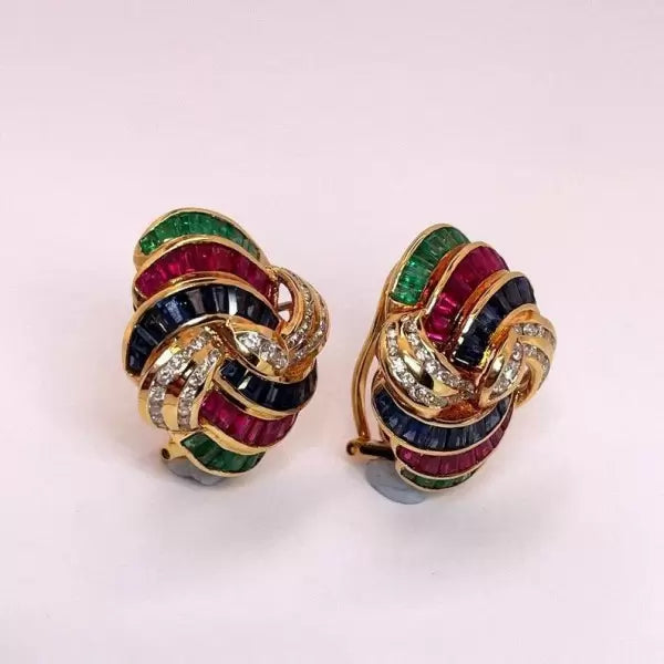 5.3ctw Princess Cut Multi-Gemstone Omega Clip Gold Dome Earrings