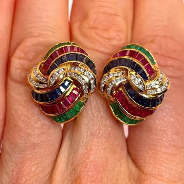 5.3ctw Princess Cut Multi-Gemstone Omega Clip Gold Dome Earrings