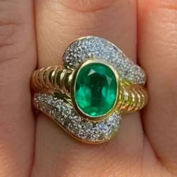 5ctw Oval Cut Emerald Ribbed Textured Vintage Engagement Ring