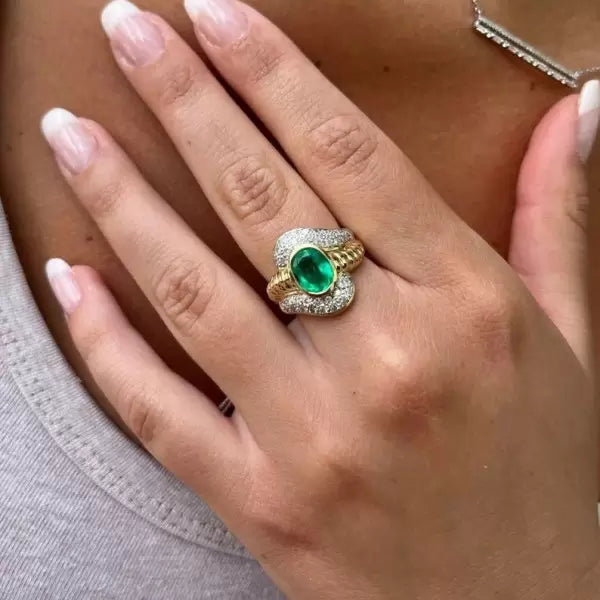 5ctw Oval Cut Emerald Ribbed Textured Vintage Engagement Ring