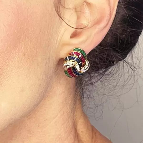 5.3ctw Princess Cut Multi-Gemstone Omega Clip Gold Dome Earrings