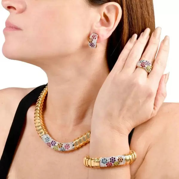 5.3ctw Round Cut Multi-Gemstone Omega Clip Gold Dome Earrings