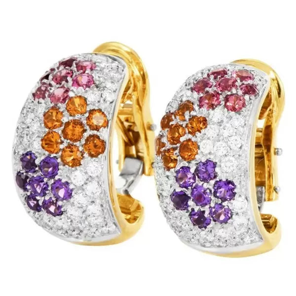 5.3ctw Round Cut Multi-Gemstone Omega Clip Gold Dome Earrings