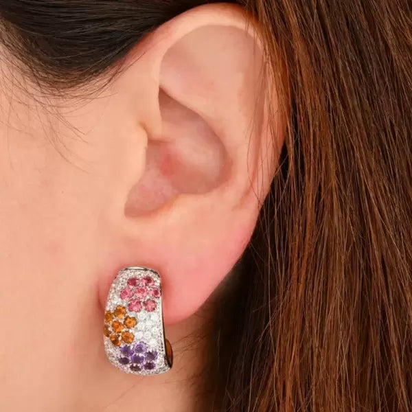 5.3ctw Round Cut Multi-Gemstone Omega Clip Gold Dome Earrings