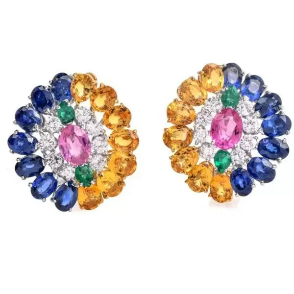 4.7ctw Oval Cut Multi-Gemstone Floral Cluster Statement Earrings