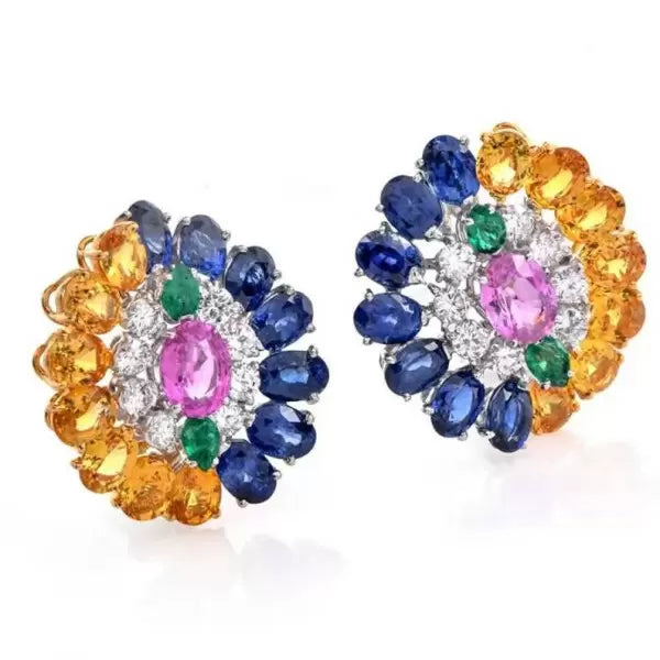 4.7ctw Oval Cut Multi-Gemstone Floral Cluster Statement Earrings