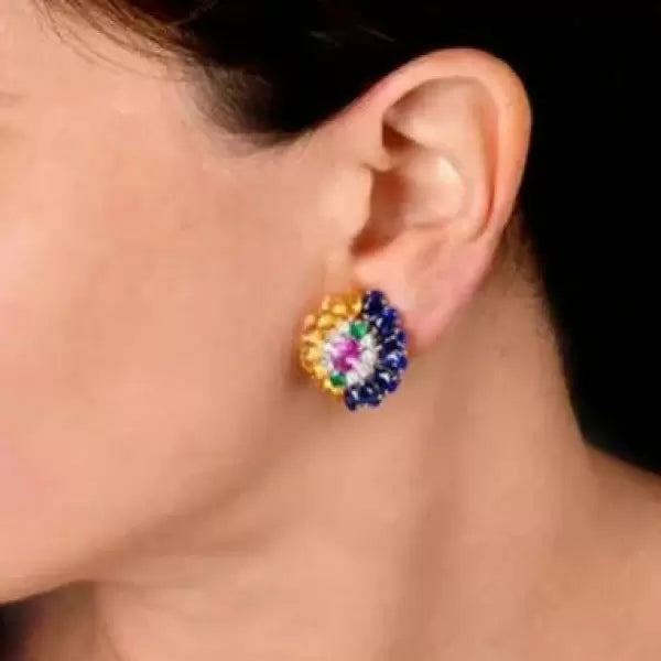 4.7ctw Oval Cut Multi-Gemstone Floral Cluster Statement Earrings