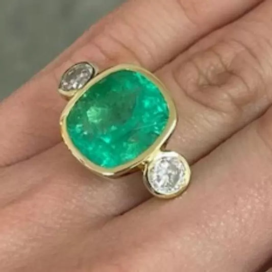 14.2ctw Cushion Cut Emerald Three Stone Bezel Vintage Engagement Ring